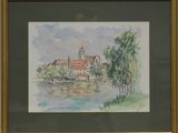 an image of a watercolor painting of a town by a river