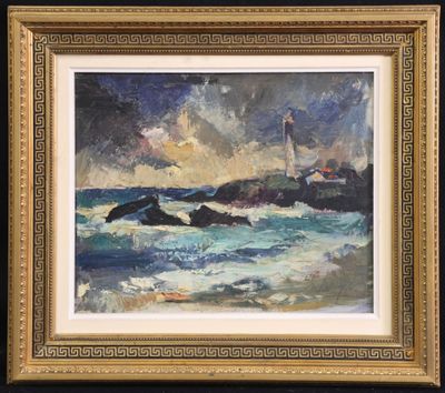 une peinture à l'huile représentant un phare sur une plage rocheuse