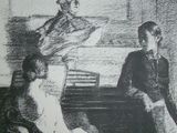a black and white drawing of a man sitting at a piano
