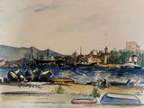 une aquarelle représentant des bateaux sur la rive, au bord de l'eau