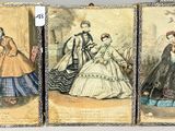 three antique fashion plates of women in dresses and hats