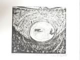 un dessin en noir et blanc représentant un taureau dans une arène