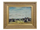 an oil painting of a beach scene with people sitting on the sand