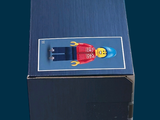 a blue box with a red and yellow robot on it