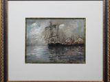painting of a ship in a body of water under a cloudy sky