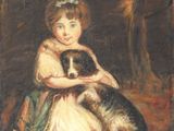 painting of a young girl holding a dog in her arms
