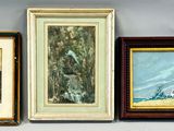 three framed paintings of a farm scene and a barn