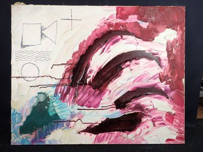 a painting on a table with a vase of flowers in the background