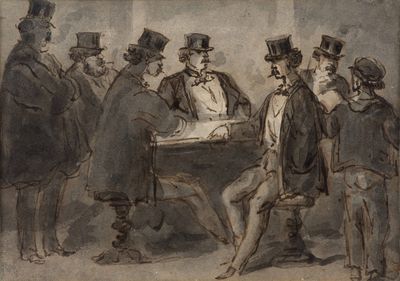an image of a drawing of a group of men sitting around a table