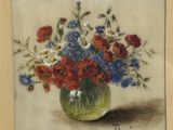 a painting of flowers in a vase on a table
