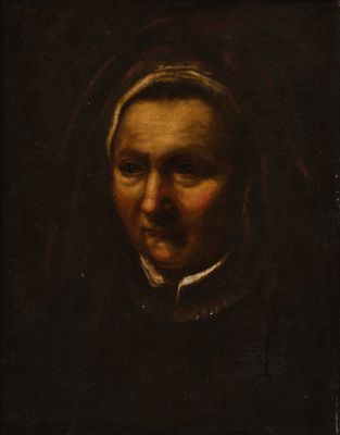 un tableau représentant une vieille femme portant un voile sur la tête