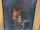 painting of a man sitting in a chair next to a woman in a red dress