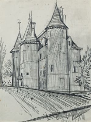 dessin d'un château surmonté d'un clocher
