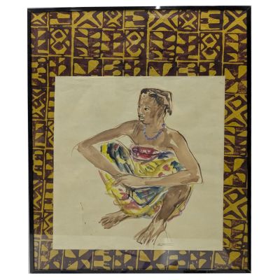 un tableau représentant un homme assis par terre, sur un fond jaune et marron