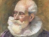 an oil painting of a man with a white beard and a purple shirt