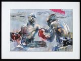 painting of two men with boxing gloves in front of a crowd
