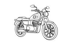 dessin d'une moto sur fond blanc, avec un arrière-plan en noir et blanc