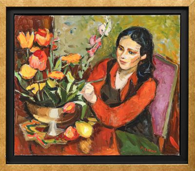 tableau représentant une femme assise à une table avec un vase de fleurs