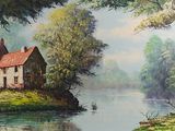 un tableau représentant une maison au bord de l'eau, sur le rivage