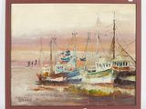 un tableau représentant un groupe de bateaux amarrés sur l'eau