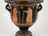 a vase with two people on it on a white background