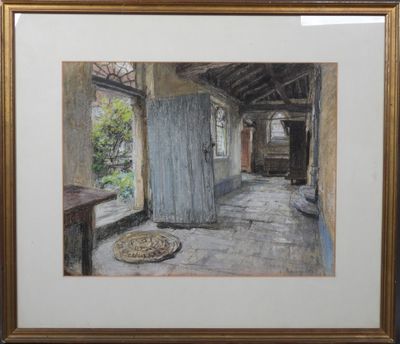 tableau représentant une pièce avec une porte et une table à l'intérieur