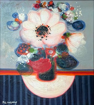 un tableau représentant une fleur dans un vase posé sur une table