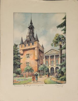 peinture représentant un bâtiment avec une tour horloge en son centre