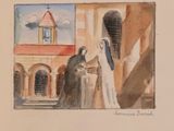 a watercolor painting of a man and a woman in front of a building
