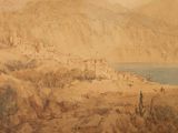 a painting of a view of a town on a hill