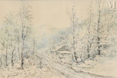 tableau représentant une route enneigée avec une maison au loin