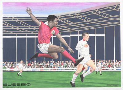 painting of two soccer players in action on a soccer field