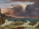 une image représentant un tableau où l'on voit des vagues se briser sur un rivage rocheux
