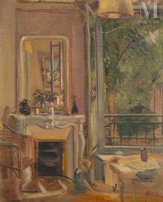 painting of a dining room with a table and chairs and a fireplace