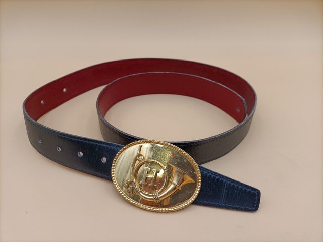 HERMES - Ceinture bleu/rouge boucle plaqué or 99/100 cors de chas