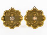 pair of gold plated earrings with red and white stones