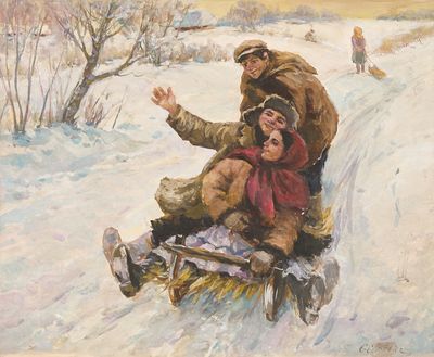 un tableau représentant deux personnes sur une luge dans la neige