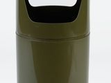 a green trash can with a black lid on a white background