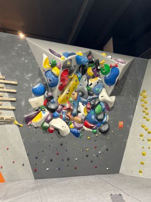a rock climbing wall with a bunch of balls on it