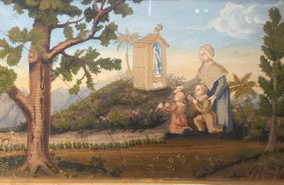 Ecole du XIXe Scène de prière Tissus brodé encadré