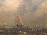painting of a boat in rough water with other boats in the background