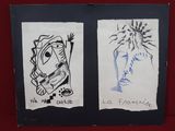 deux dessins représentant une femme et un homme sur fond rouge