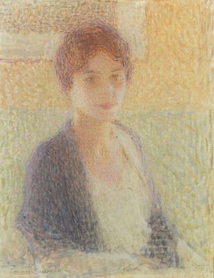 un tableau représentant une femme assise à une table devant une fenêtre