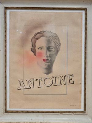 painting of a woman ' s face in a frame with the word ' antione ' on it