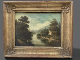 an oil painting of a river scene with a house in the distance
