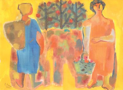 un tableau représentant deux femmes debout devant un arbre