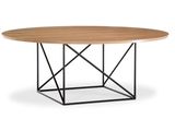 a round wooden table with a metal base and a wooden top