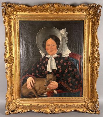 an old painting of a woman with a dog in her lap