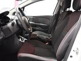 the interior of a car with black and red seats and a steering wheel