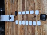 a picture of a wooden table with some white and black items on it
